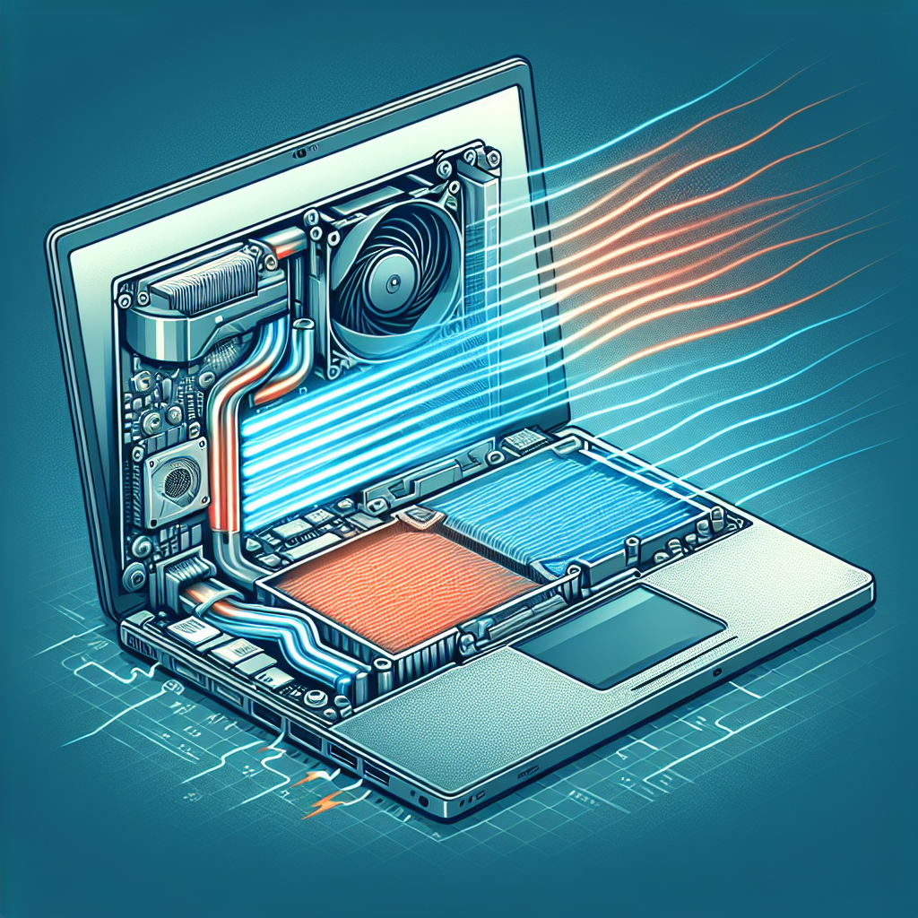 "Diagram illustrating laptop cooling technology, showcasing heat dissipation components like fans and heat sinks in a sleek, modern laptop design."