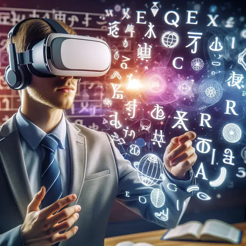 "Realitas virtual digunakan dalam pembelajaran bahasa, menunjukkan siswa yang terlibat dalam pengalaman imersif dengan teknologi VR."