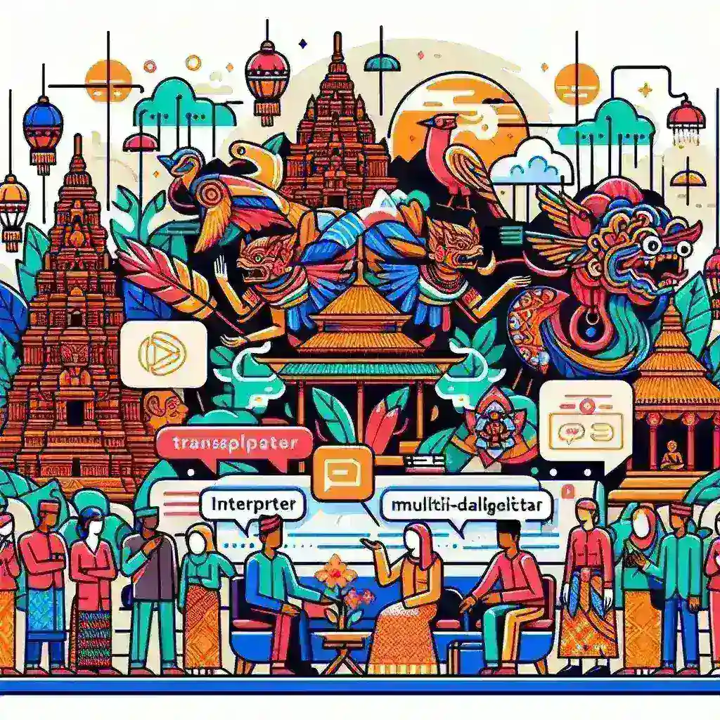 "Ilustrasi aplikasi penerjemah multi-dialek Bahasa Jawa yang mendukung pelestarian budaya, menampilkan antarmuka pengguna yang menarik dan berbagai dialek Bahasa Jawa."