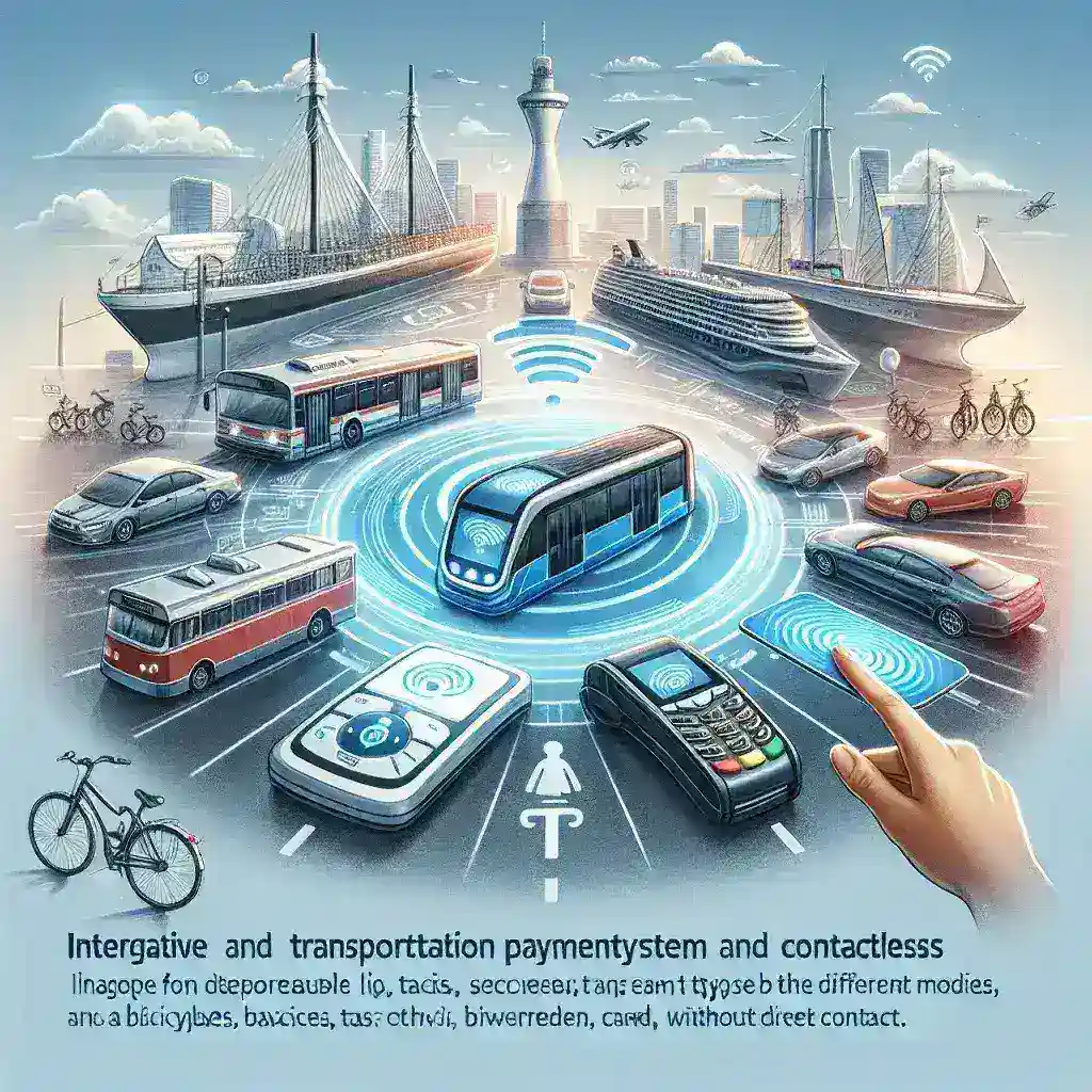 "Ilustrasi inovasi sistem pembayaran transportasi tanpa kontak terintegrasi antar moda, menampilkan pengguna yang melakukan transaksi digital menggunakan aplikasi pembayaran di kendaraan umum. Efisiensi dan kemudahan akses pembayaran dalam sistem transportasi modern."